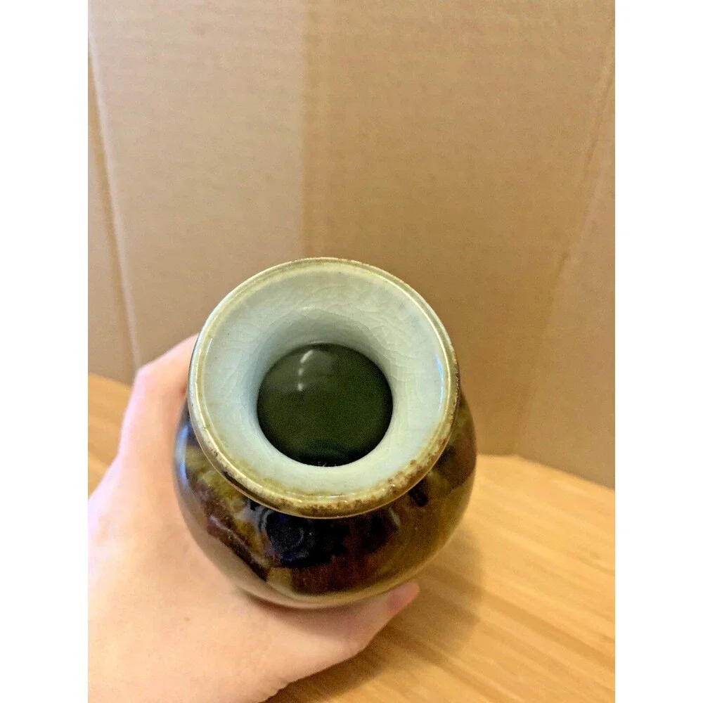 Art Pottery Flower Vase Crackle Glaze Moss Green Wine Red Brown 5.75” Small